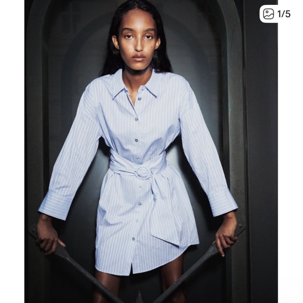 Zara Light Blue Striped Long Sleeve Dress with Belt